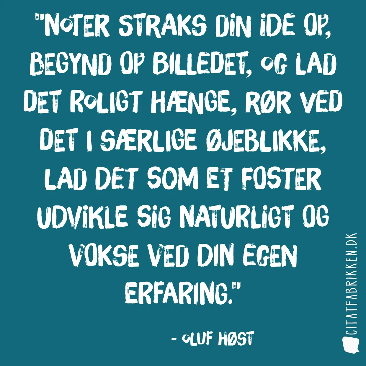 Noter straks din ide op, begynd op billedet, og lad det roligt hænge, rør ved det i særlige øjeblikke, lad det som et foster udvikle sig naturligt og vokse ved din egen erfaring.