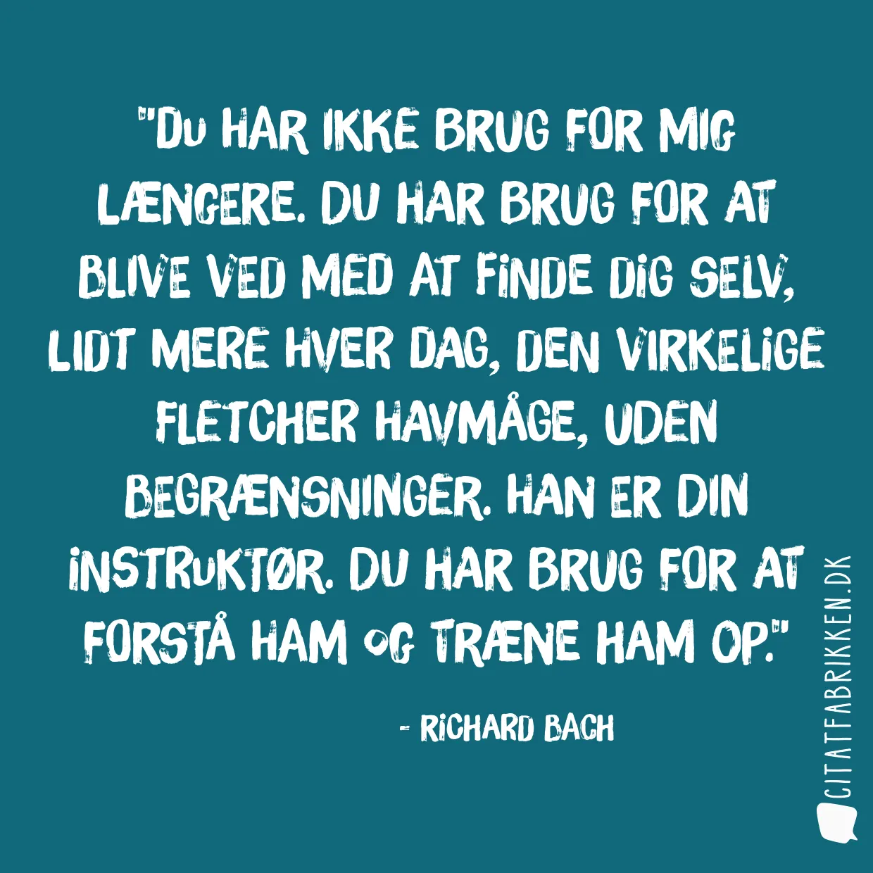 Du har ikke brug for mig længere. Du har brug for at blive ved med at finde dig selv, lidt mere hver dag, den virkelige Fletcher Havmåge, uden begrænsninger. Han er din instruktør. Du har brug for at forstå ham og træne ham op.